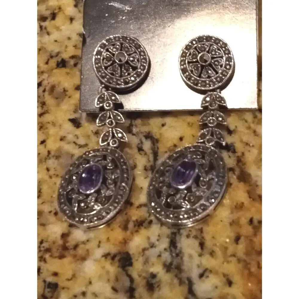 925 Silver - Vintage Victorian Amethyst & Marcasite Dangle Earrings